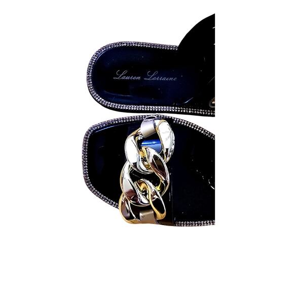 Lauren Lorraine Gold Chain Slides | Black Patent Rhinestone Sandals Size 7 NIB - Picture 5 of 6